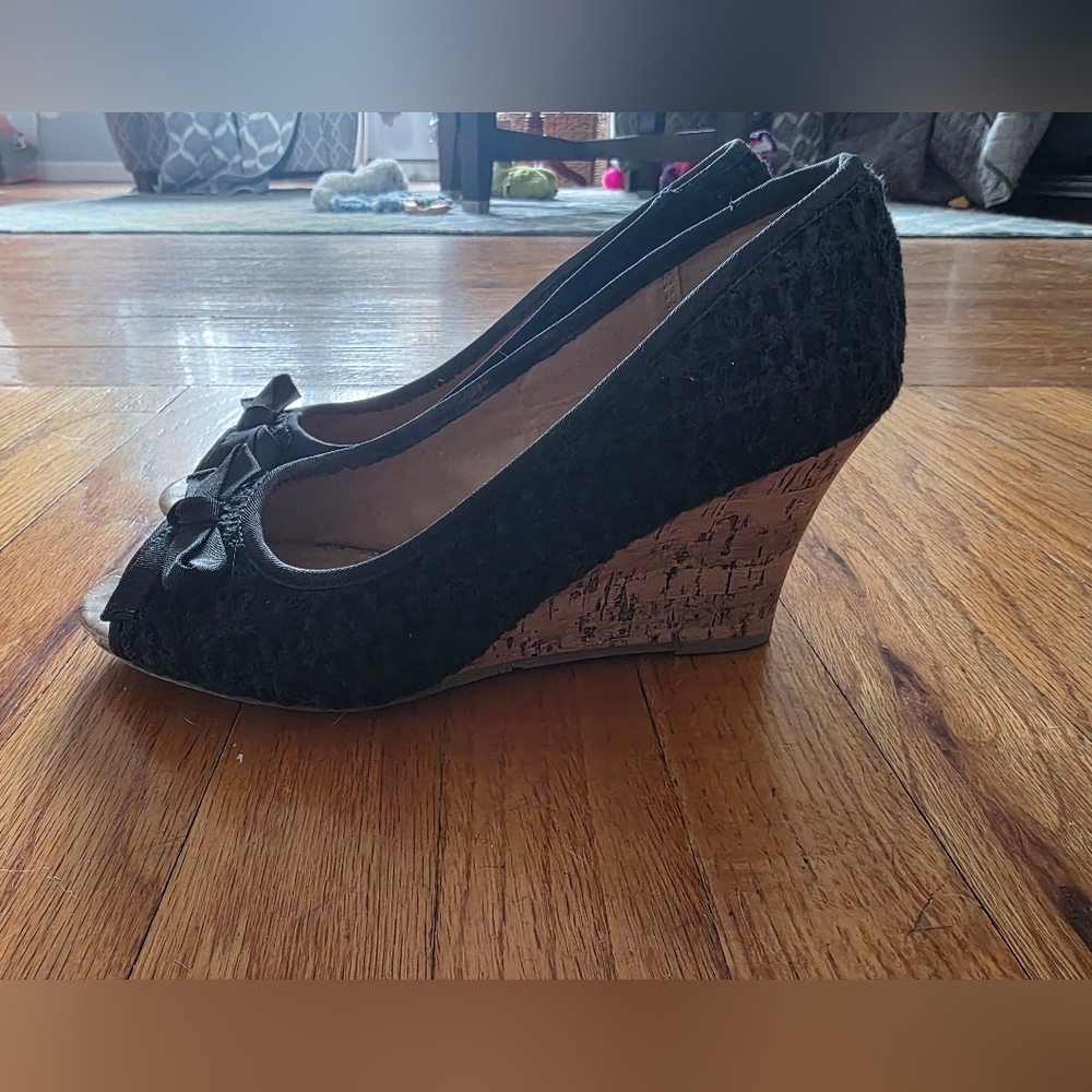 Report Black Lace Peep-Toe Wedge Heels with Cork Platform